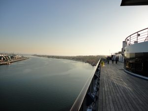 Carnival Spirit docked in Port of Los Angeles looking at Los Angeles