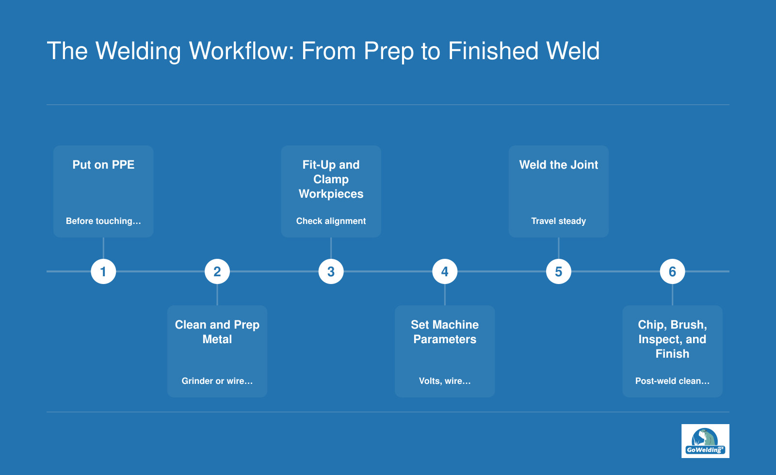 Seven-step welding sequence from putting on personal protective equipment through cleaning, fit-up, welding, slag removal, and final inspection.