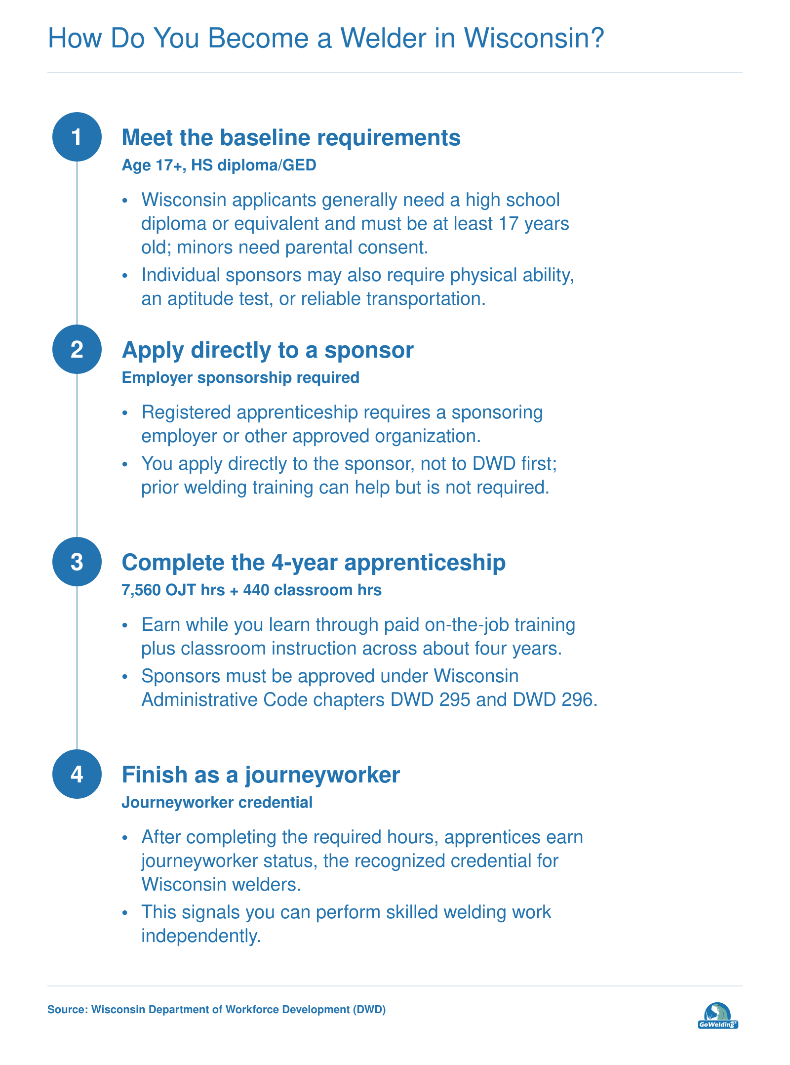 Wisconsin welder pathway: high school or GED, employer-sponsored apprenticeship with 7,560 on-the-job hours and 440 classroom hours, then journeyworker certification.
